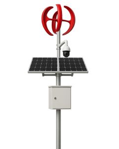SP395-30X 8MP 4G PTZ camera with 30x zoom, no-glow IR, solar panel, lithium battery, and vertical wind turbine for 24/7 off-grid outdoor surveillance.